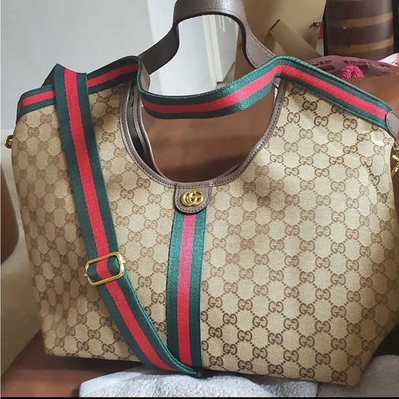 Gucci Tan Monogram Tote with Red and Green Stripe - Picture 4 of 4